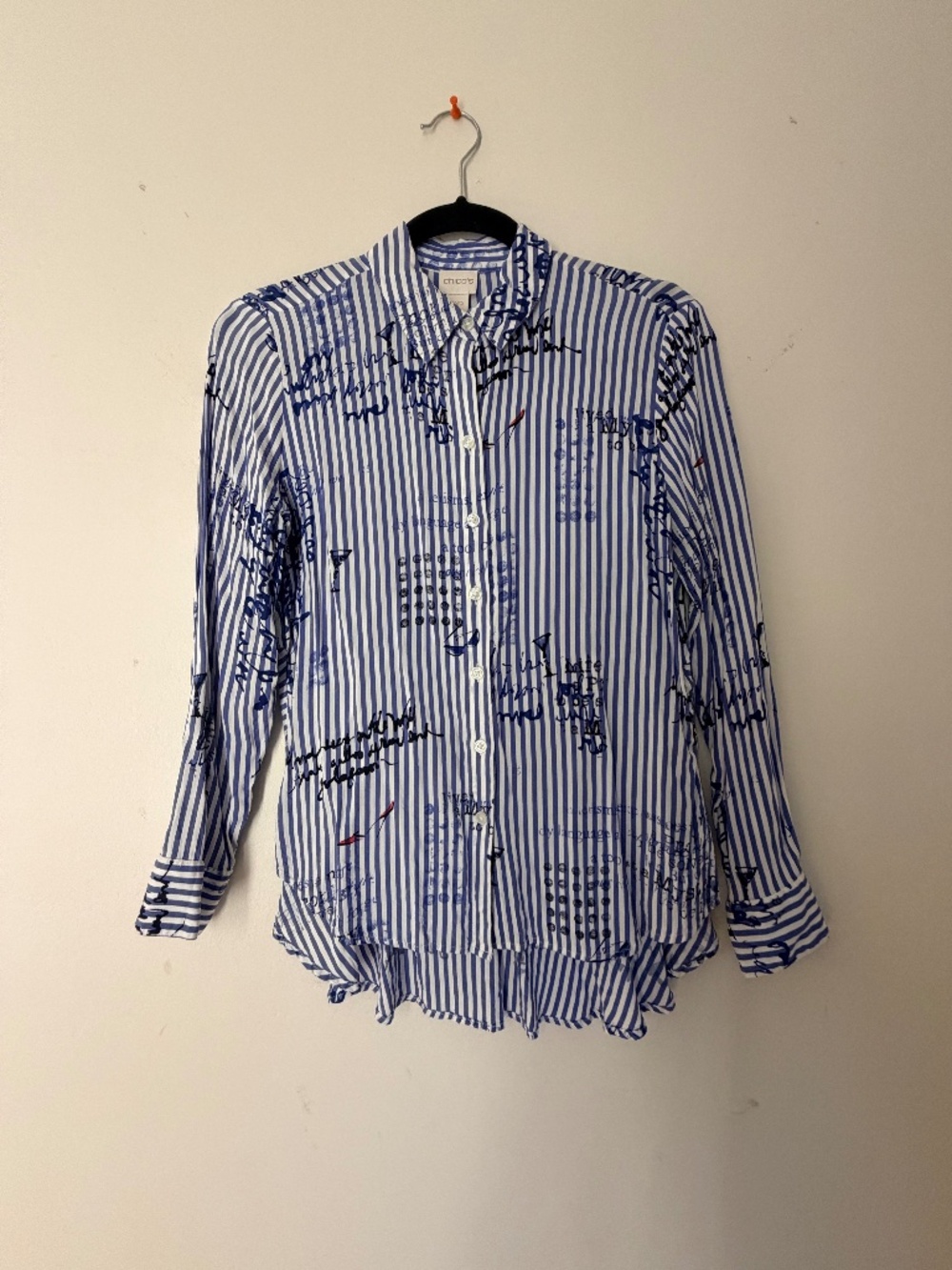 Chico’s 0P Petite Blue White Striped Graphic Button Down Shirt